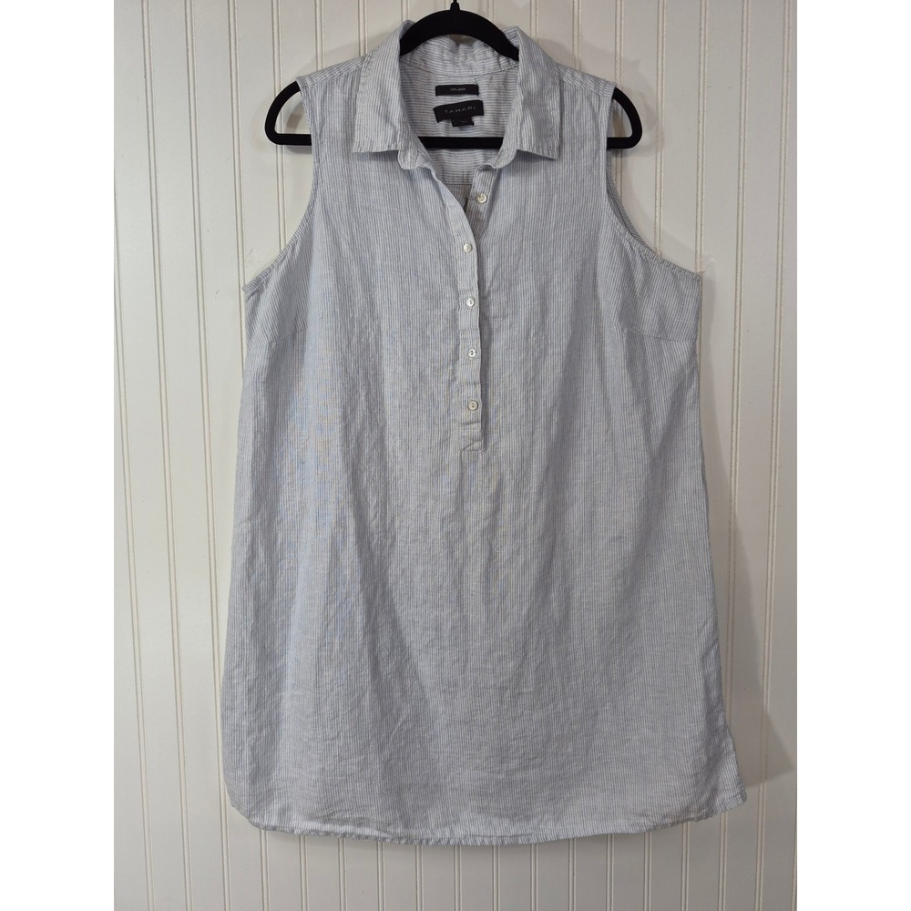 Tahari Women 1X Blue White Pinstripe 100% Linen Sleeveless Button Tunic Top